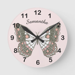 Butterfly & Custom Name on Soft Pink Round Clock