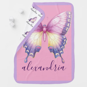 Butterfly Custom Name Pink Purple Baby Blanket