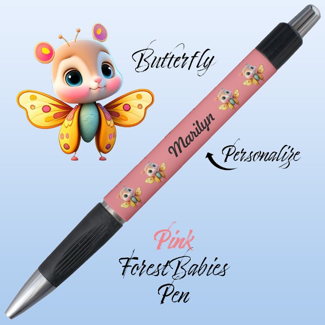 Butterfly, Cute Whimsical Girl Character, Pink 🦋 Pen (Cute Whimsical Confident Girl Butterfly Cartoon Graphic, Pink Personalizable ForestBabies Pen 🦋)