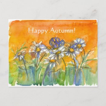 Butterfly Daisy Watercolor Flowers Happy Autumn Postcard by CountryGarden at Zazzle