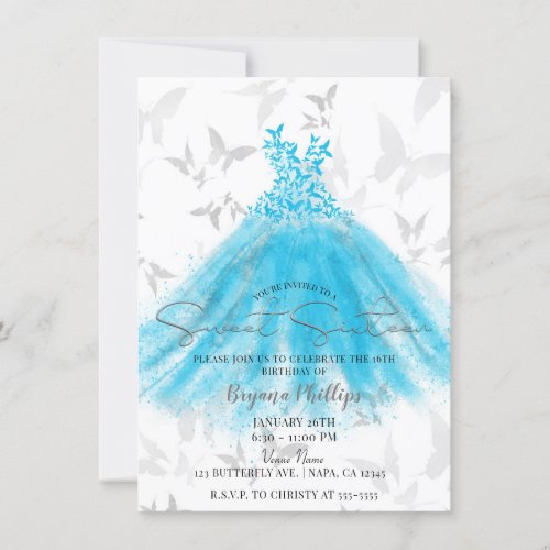 Butterfly Dance Aqua Blue Dress Sweet 16 Party Invitation