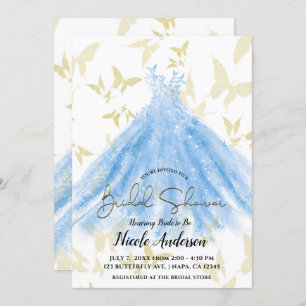 Butterfly Dance Blue Dress Gold Bridal Shower Invi Invitation
