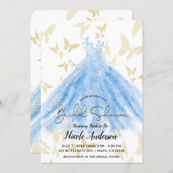 Butterfly Dance Blue Dress Gold Bridal Shower Invi Invitation by printabledigidesigns at Zazzle