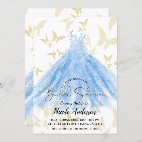 Butterfly Dance Blue Dress Gold Bridal Shower Invi Invitation