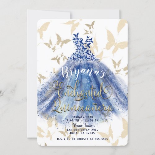 Butterfly Dance Blue Dress  Gold Quinceaera 15   Invitation