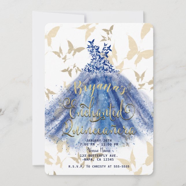 Butterfly Dance Blue Dress & Gold Quinceañera 15 Invitation (Front)