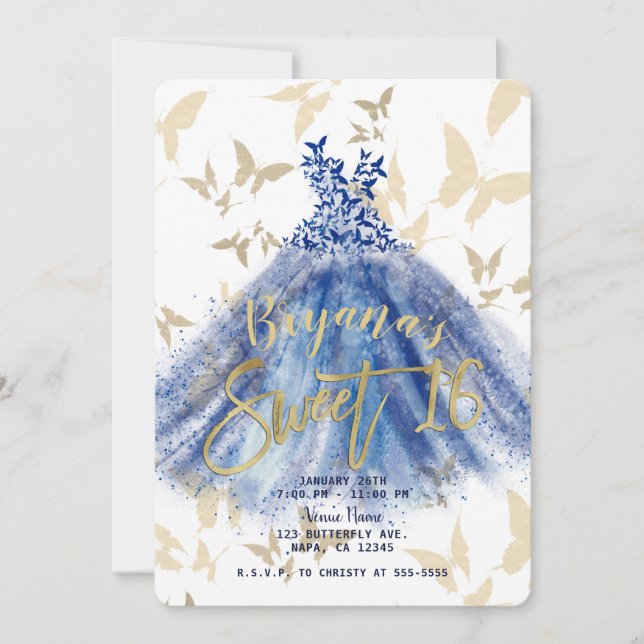 Butterfly Dance Blue Dress Gold Sweet 16   Invitation (Front)