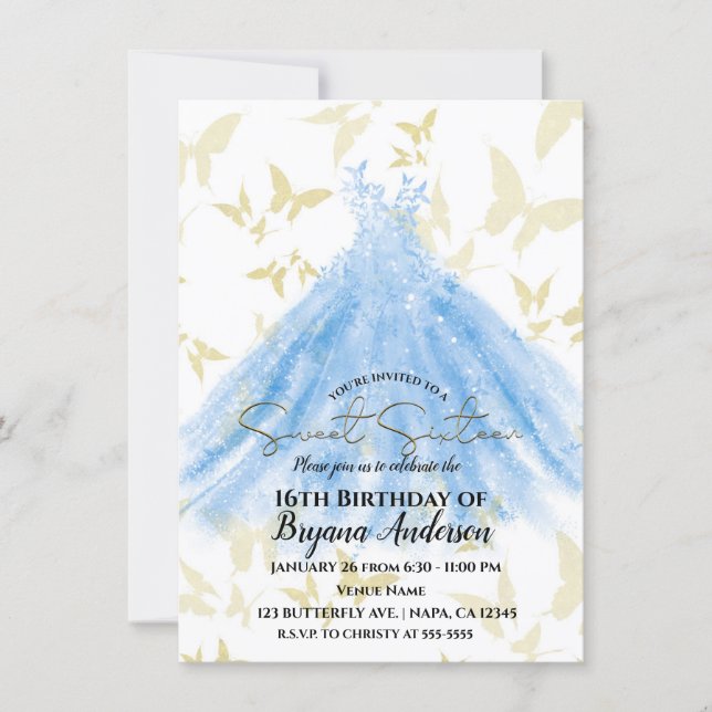 Butterfly Dance Blue Dress Gold Sweet 16 Party Inv Invitation (Front)