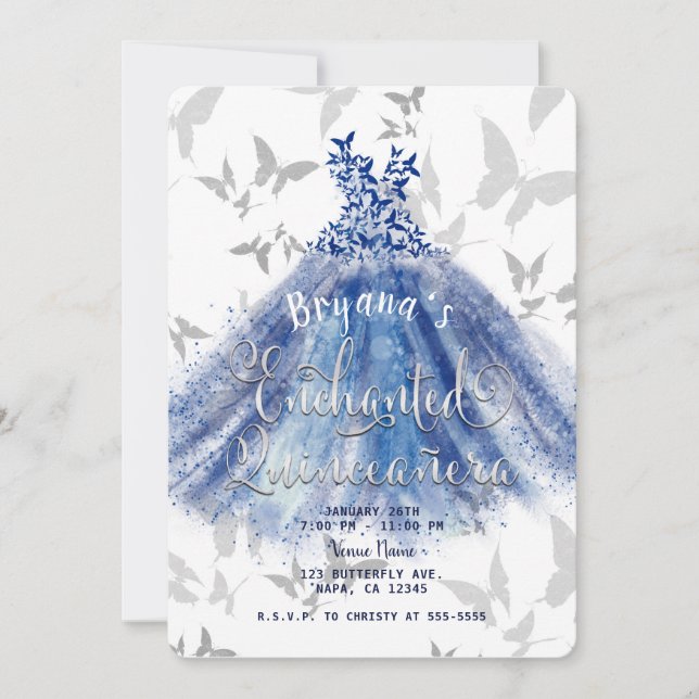 Butterfly Dance Blue Dress Silver 15 Quinceañera Invitation (Front)