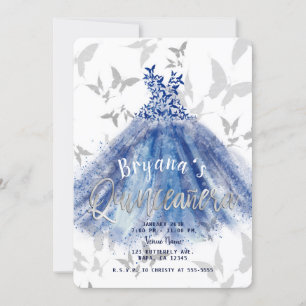 Butterfly Dance Blue Dress Silver Quinceañera 15 Invitation
