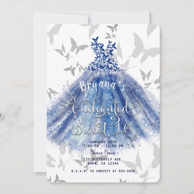 Butterfly Dance Blue Dress Silver Sweet 16 Invitation (Front)
