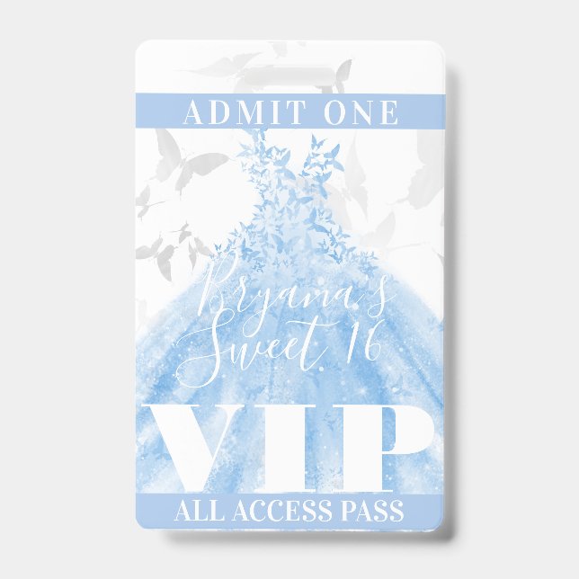 Butterfly Dance Blue Silver Sweet 16 VIP Pass Badge (Front)