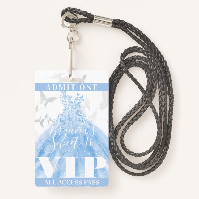 Butterfly Dance Blue Silver Sweet 16 VIP Pass Badge (Front with Lanyard)
