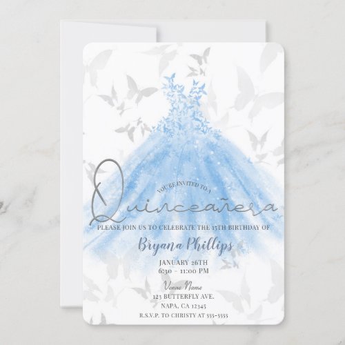 Butterfly Dance Blue Sparkle Dress Quinceaera 15 Invitation