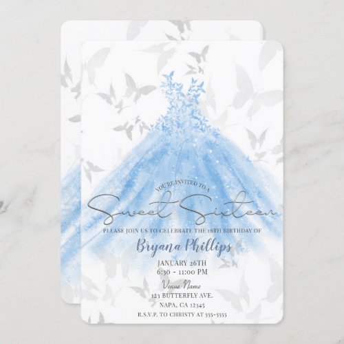 Butterfly Dance Blue Sparkle Dress Sweet 16 Party Invitation