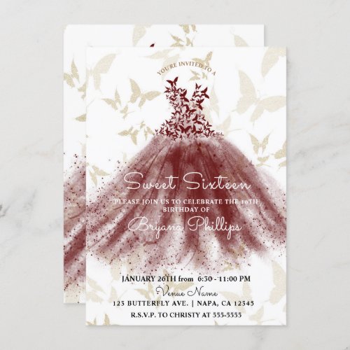 Butterfly Dance Burgundy Gold Dress Sweet 16 Party Invitation