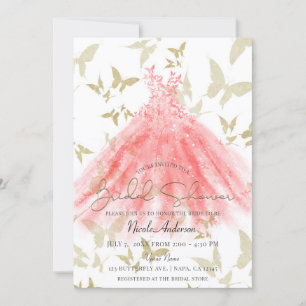 Butterfly Dance Coral Dress Gold Bridal Shower Invitation