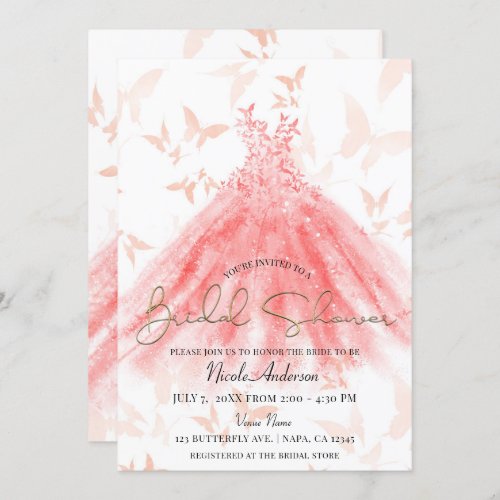Butterfly Dance Coral Dress Gold Bridal Shower Invitation