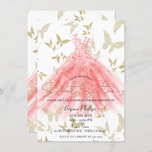 Butterfly Dance Coral Dress Gold Sweet 16 Party Invitation