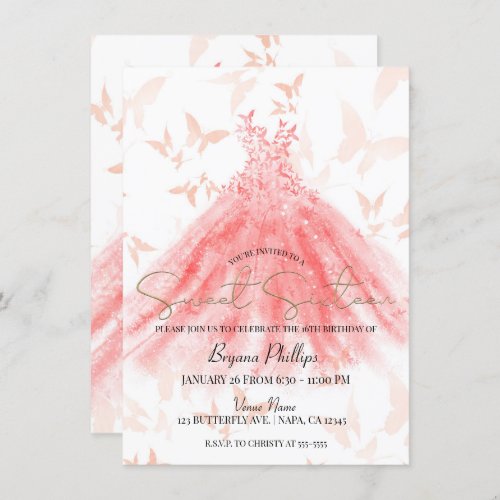 Butterfly Dance Coral Dress Gold Sweet 16 Party Invitation