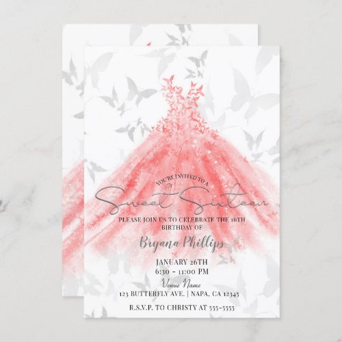 Butterfly Dance Coral Orange Dress Sweet 16 Party Invitation