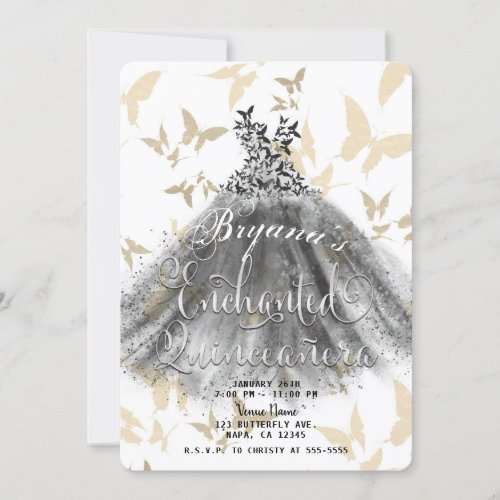Butterfly Dance Dress Black  Gold 15 Quinceaera Invitation