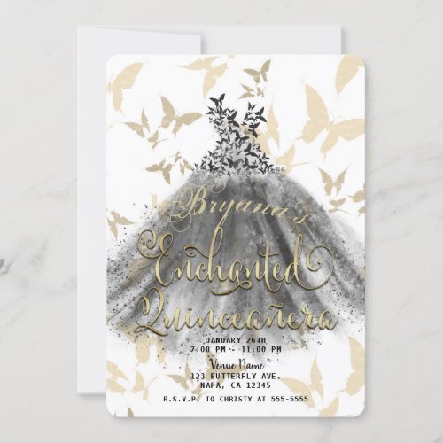 Butterfly Dance Dress Black Gold Quinceaera 15 Invitation