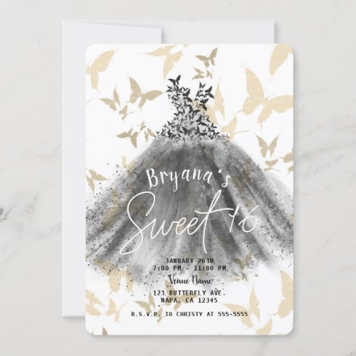 Butterfly Dance Dress Black  Gold Sweet 16  Invitation