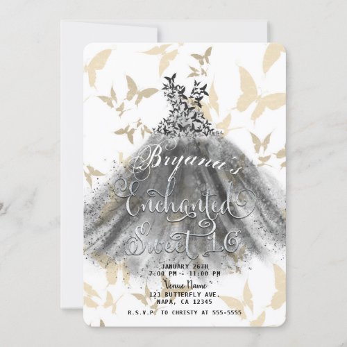 Butterfly Dance Dress Black Gold Sweet 16   Invitation