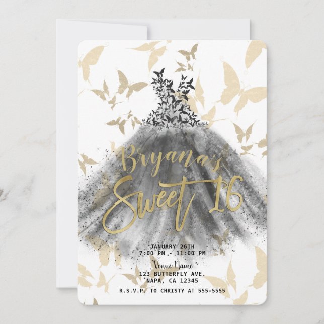 Butterfly Dance Dress Black & Gold Sweet 16   Invitation (Front)