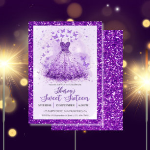 Butterfly Dance Glitter Purple Dress Sweet 16  Invitation