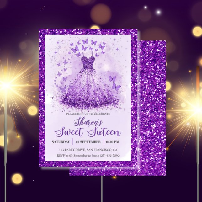 Butterfly Dance Glitter Purple Dress Sweet 16  Invitation (Sweet 16 Butterflies Dress Party Invitation)