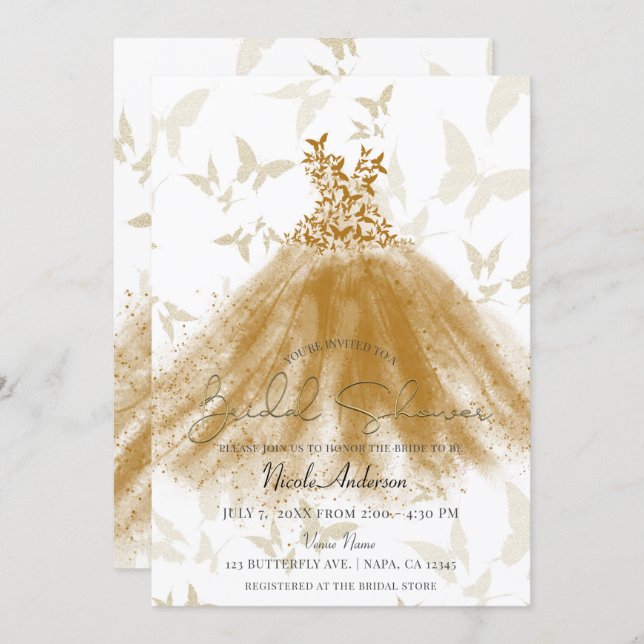 Butterfly Dance Gold Sparkle Dress Bridal Shower Invitation (Front/Back)