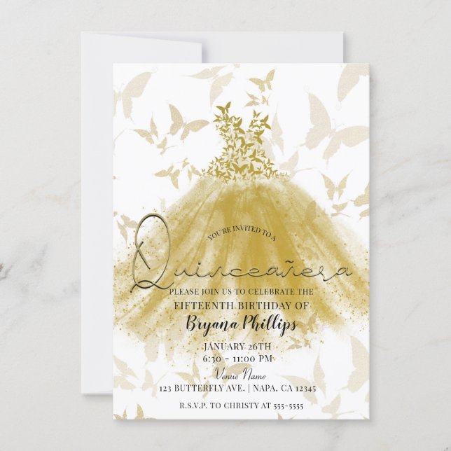 Butterfly Dance Gold Sparkle Dress Quinceañera  Invitation (Front)