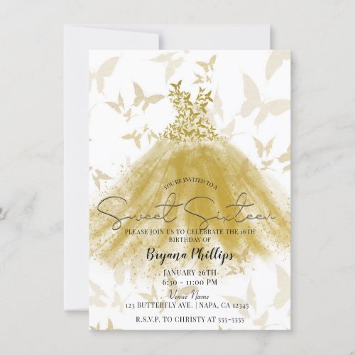 Butterfly Dance Gold Sparkle Dress Sweet 16 Party Invitation