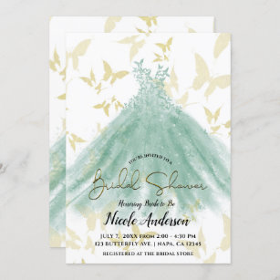 Butterfly Dance Green Dress Gold Bridal Shower  Invitation