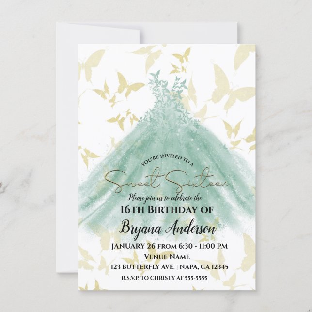 Butterfly Dance Green Dress Gold Sweet 16 Party In Invitation (Front)