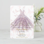 Butterfly Dance Mauve Sparkle Dress Gold Sweet 16  Invitation (Standing Front)