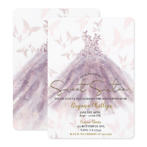 Butterfly Dance Mauve Sparkle Dress Gold Sweet 16  Invitation
