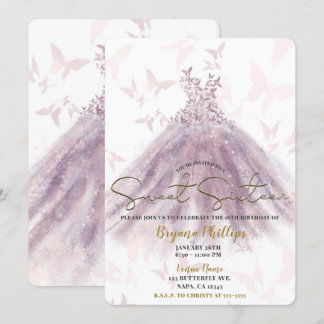 Butterfly Dance Mauve Sparkle Dress Gold Sweet 16  Invitation