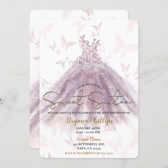 Butterfly Dance Mauve Sparkle Dress Gold Sweet 16  Invitation (Front/Back)