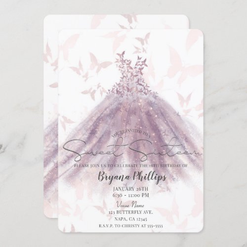 Butterfly Dance Mauve Sparkle Dress Sweet 16 Party Invitation