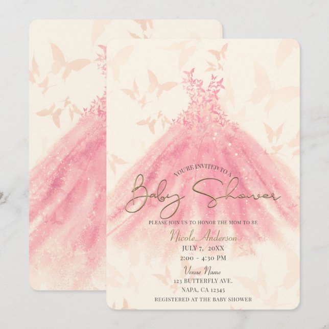 Butterfly Dance Peach Sparkle Dress Baby Shower Invitation (Front/Back)