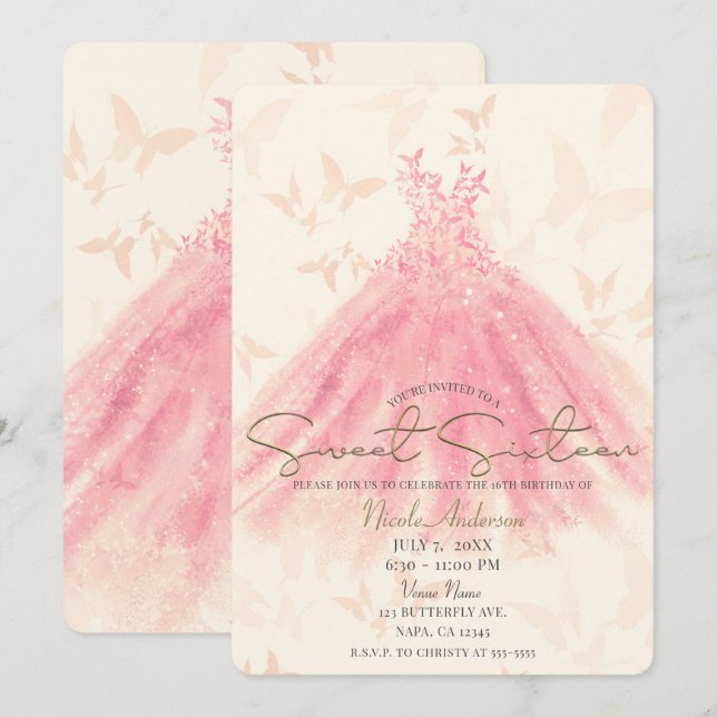 Butterfly Dance Peach Sparkle Dress Sweet 16 Party Invitation (Front/Back)