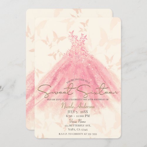 Butterfly Dance Peach Sparkle Dress Sweet 16 Party Invitation