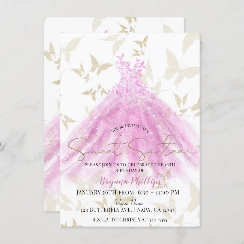 Butterfly Dance Pink  Gold Dress Sweet 16 Invitation