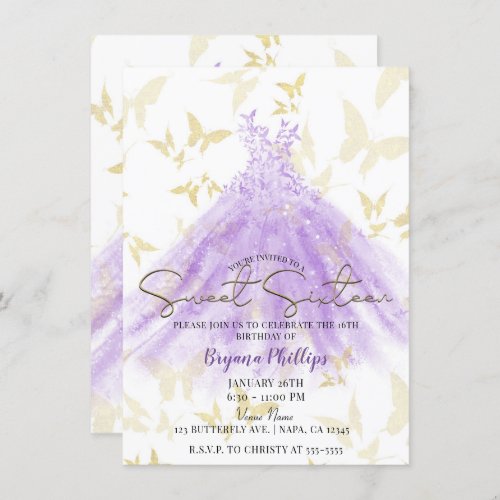 Butterfly Dance Purple Dress Gold Sweet 16 Party Invitation