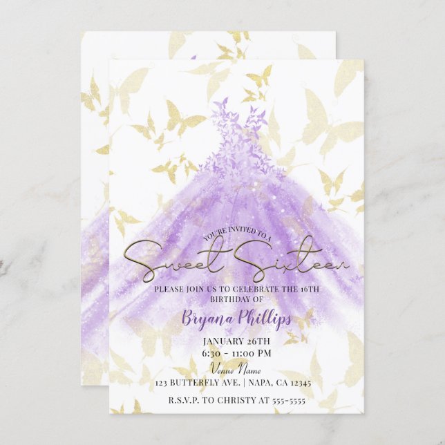 Butterfly Dance Purple Dress Gold Sweet 16 Party Invitation (Front/Back)