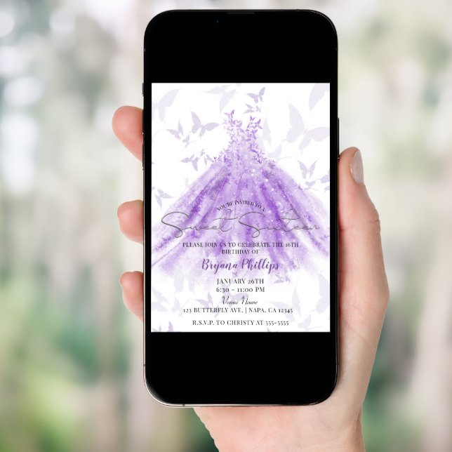Butterfly Dance Purple Dress Sweet 16 Party Invitation (Front Digital)