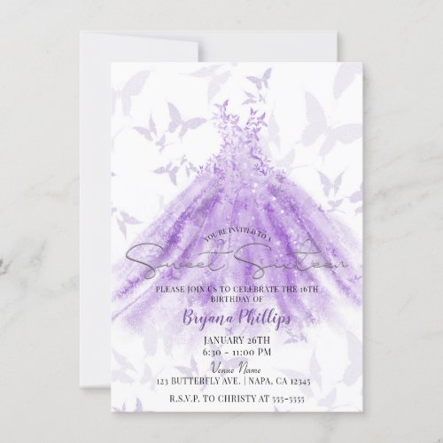 Butterfly Dance Purple Dress Sweet 16 Party Invitation
